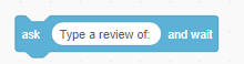 Screen capture of Scratch program showing block that states: 'Ask Type a review of and wait