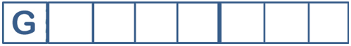 eight white squares with blue borders. The first square has the letter G.