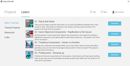 Screenshot of basic tutorials available in Unity, including Play and Edit Mode, Game Objects and Components, Tweaking components, and Ramping up.