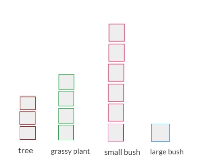 Bar graph of plants found in the garden. It displays three trees, four grassy plants, six small bushes and one large bush.