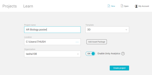 Screen shot of Unity page that allows users to create a new project.
