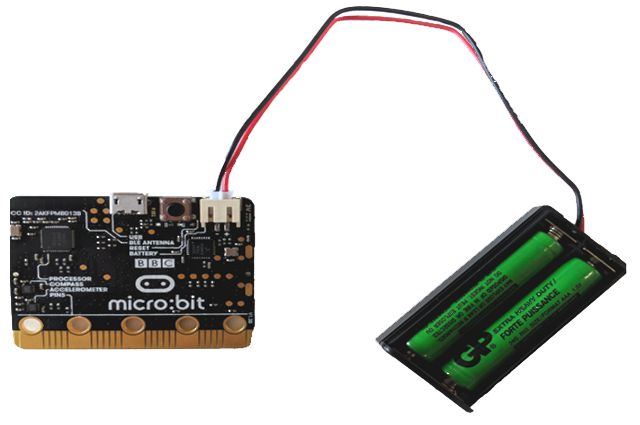 Photograph of a BBC micro:bit with connect battery pack