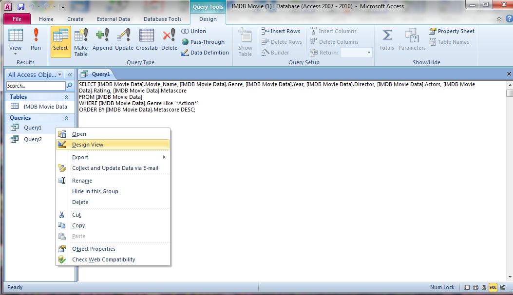 Example of a query in design view in the IMDB database in Microsoft Access