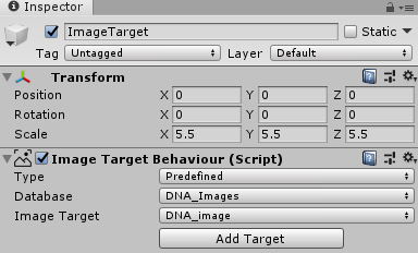 Screenshot of the Vuforia Inspector window displaying the Image Target settings.